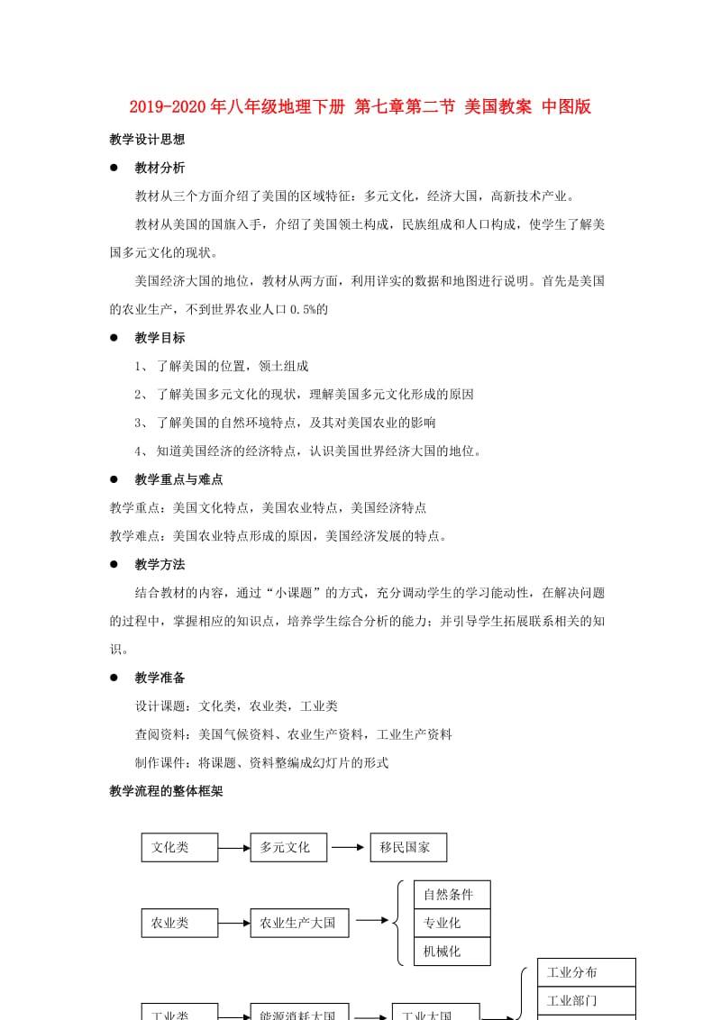 2019-2020年八年级地理下册 第七章第二节 美国教案 中图版.doc_第1页