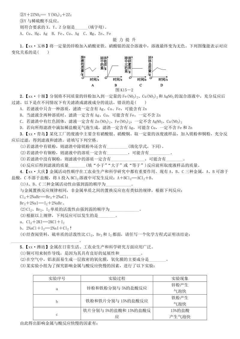 中考化学复习方案 考题训练（十五）金属的化学性质练习 （新版）鲁教版.doc_第2页