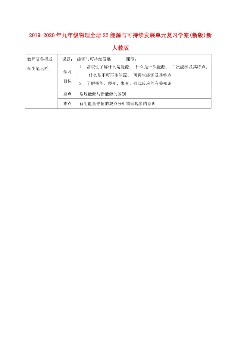 2019-2020年九年级物理全册22能源与可持续发展单元复习学案(新版)新人教版.doc_第1页