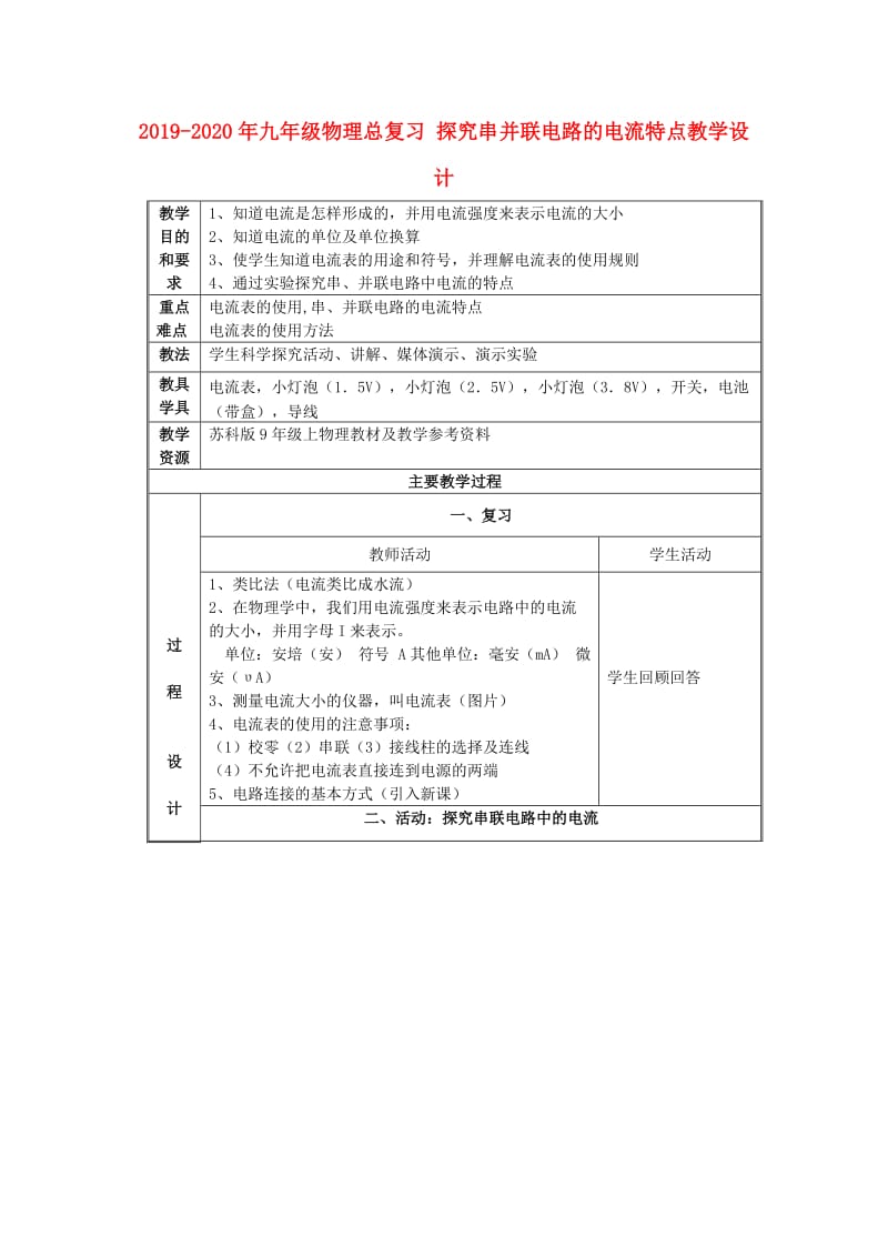 2019-2020年九年级物理总复习 探究串并联电路的电流特点教学设计.doc_第1页