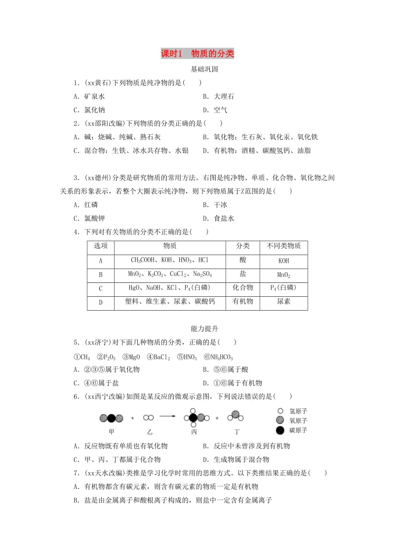 广东省中考化学总复习课时1物质的分类练习.doc_第1页