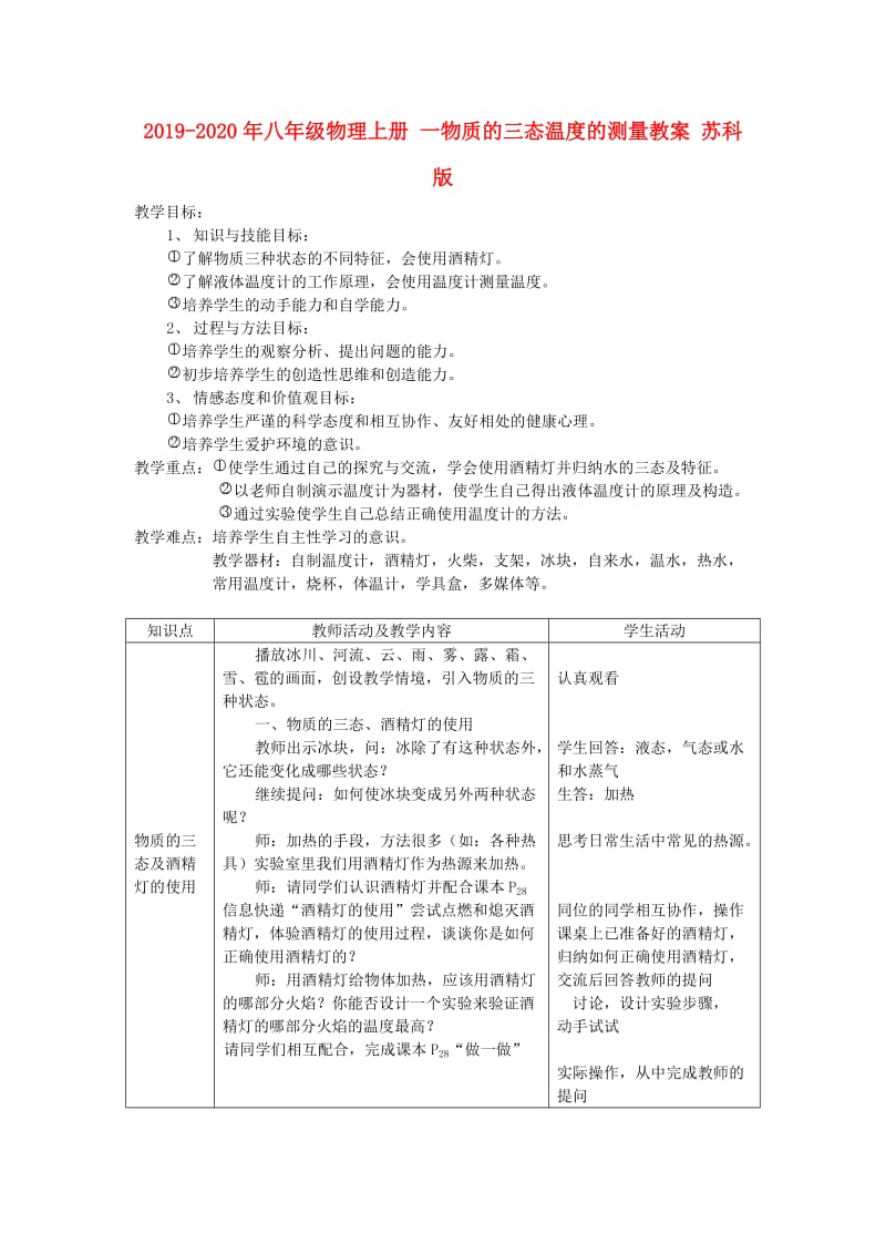 2019-2020年八年级物理上册 一物质的三态温度的测量教案 苏科版.doc_第1页