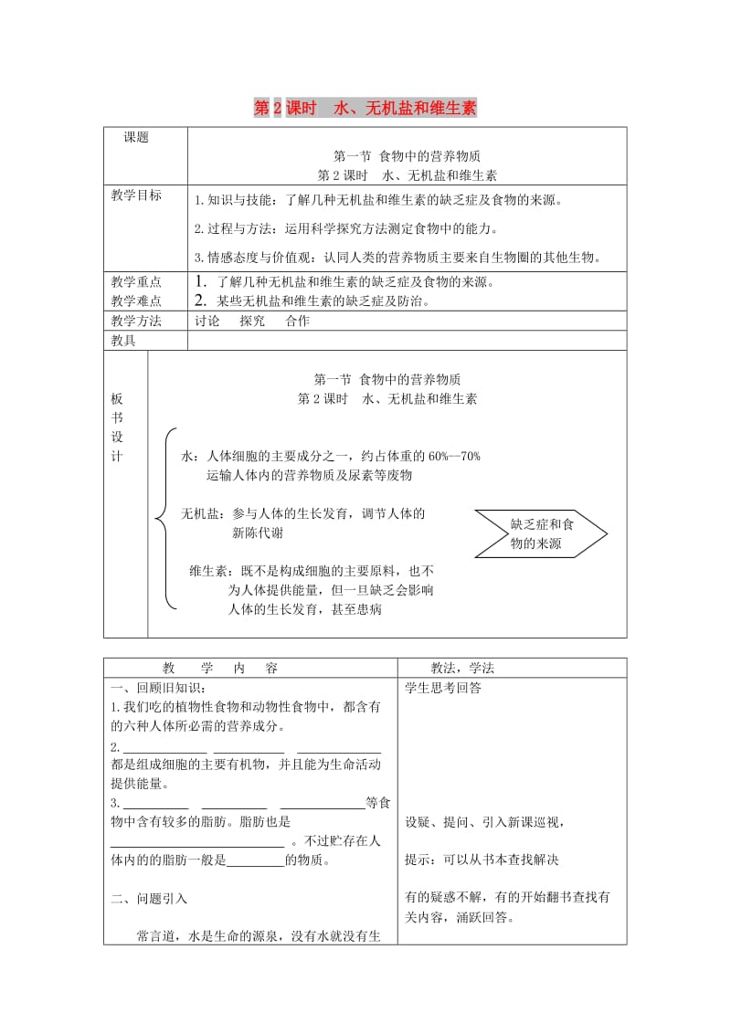 2019年春七年级生物下册第四单元第二章第一节食物中的营养物质第2课时水无机盐和维生素教案 新人教版.doc_第1页