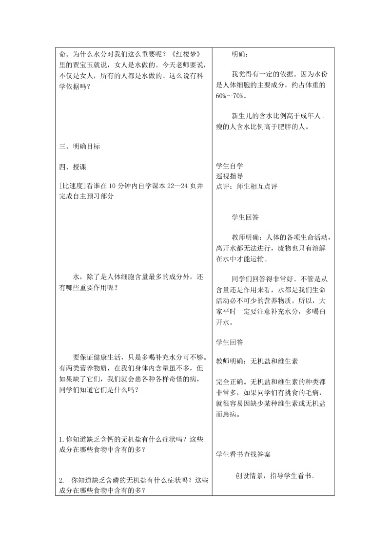 2019年春七年级生物下册第四单元第二章第一节食物中的营养物质第2课时水无机盐和维生素教案 新人教版.doc_第2页