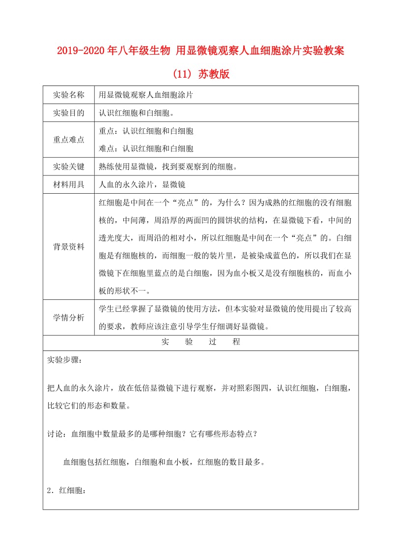 2019-2020年八年级生物 用显微镜观察人血细胞涂片实验教案 (11) 苏教版.doc_第1页