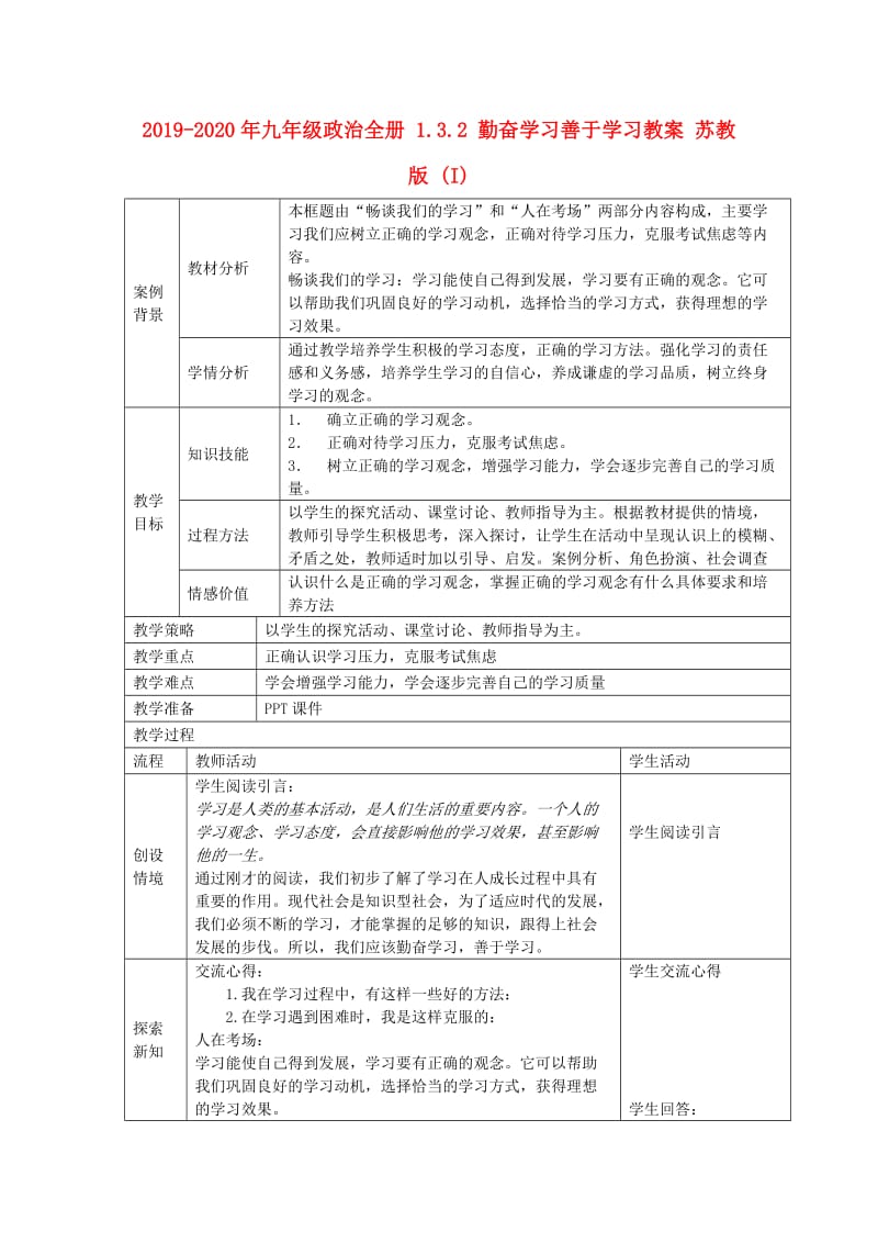 2019-2020年九年级政治全册 1.3.2 勤奋学习善于学习教案 苏教版 (I).doc_第1页