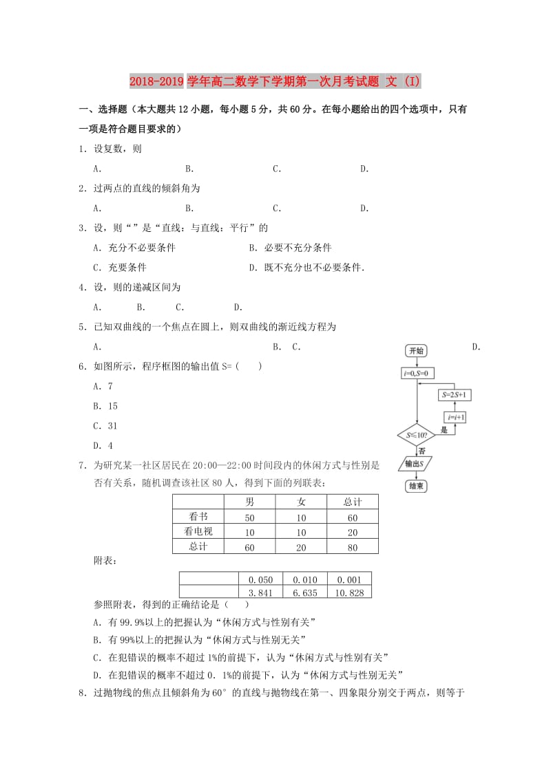 2018-2019学年高二数学下学期第一次月考试题 文 (I).doc_第1页