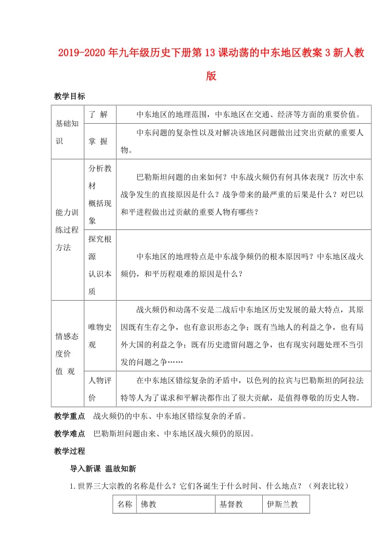 2019-2020年九年级历史下册第13课动荡的中东地区教案3新人教版.doc_第1页