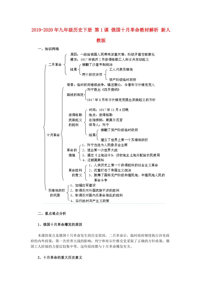 2019-2020年九年级历史下册 第1课 俄国十月革命教材解析 新人教版.doc_第1页