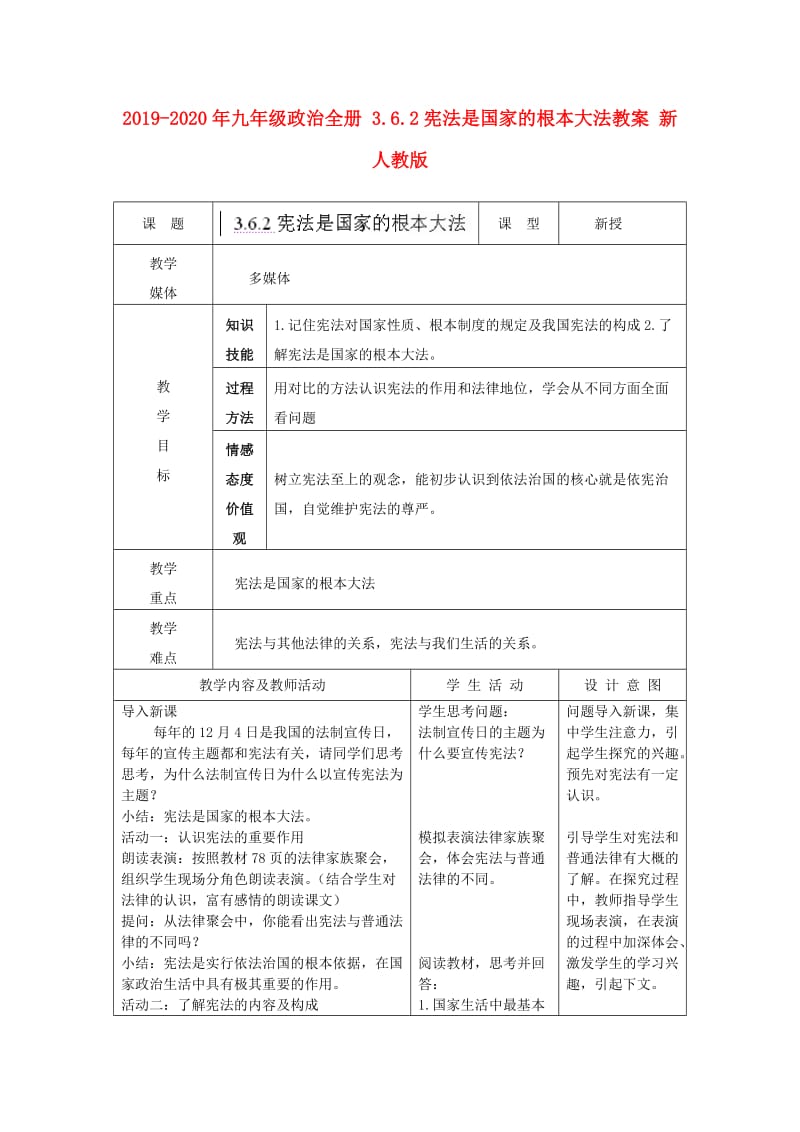 2019-2020年九年级政治全册 3.6.2宪法是国家的根本大法教案 新人教版.doc_第1页