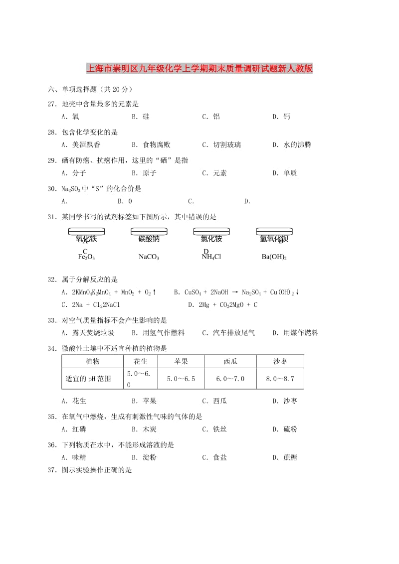 上海市崇明区九年级化学上学期期末质量调研试题新人教版.doc_第1页