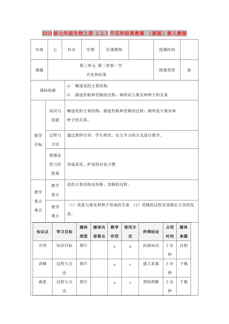 2019版七年级生物上册 3.2.3开花和结果教案 （新版）新人教版.doc_第1页