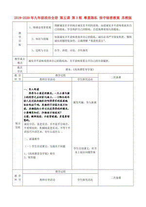 2019-2020年九年級(jí)政治全冊 第五課 第3框 尊重隱私 保守秘密教案 蘇教版.doc