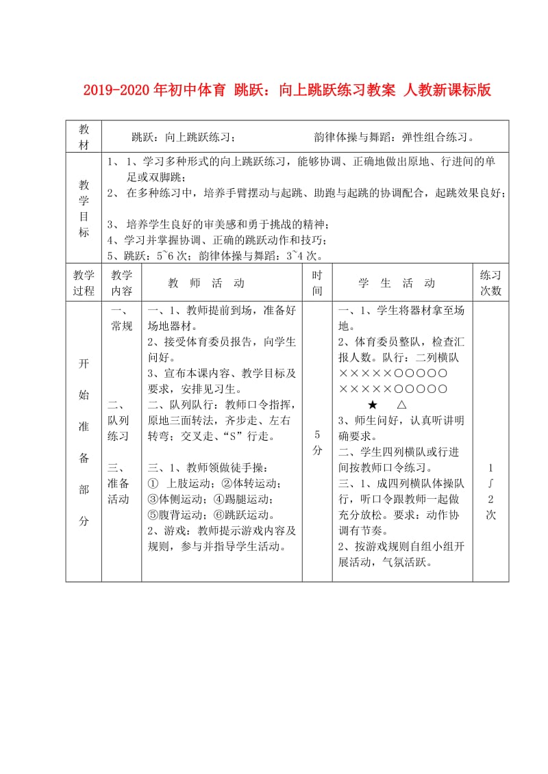 2019-2020年初中体育 跳跃：向上跳跃练习教案 人教新课标版.doc_第1页