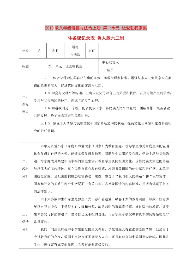 2019版八年级道德与法治上册 第一单元 让爱驻我家集体备课记录表 鲁人版六三制.doc_第1页