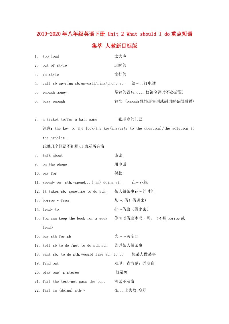 2019-2020年八年级英语下册 Unit 2 What should I do重点短语集萃 人教新目标版.doc_第1页