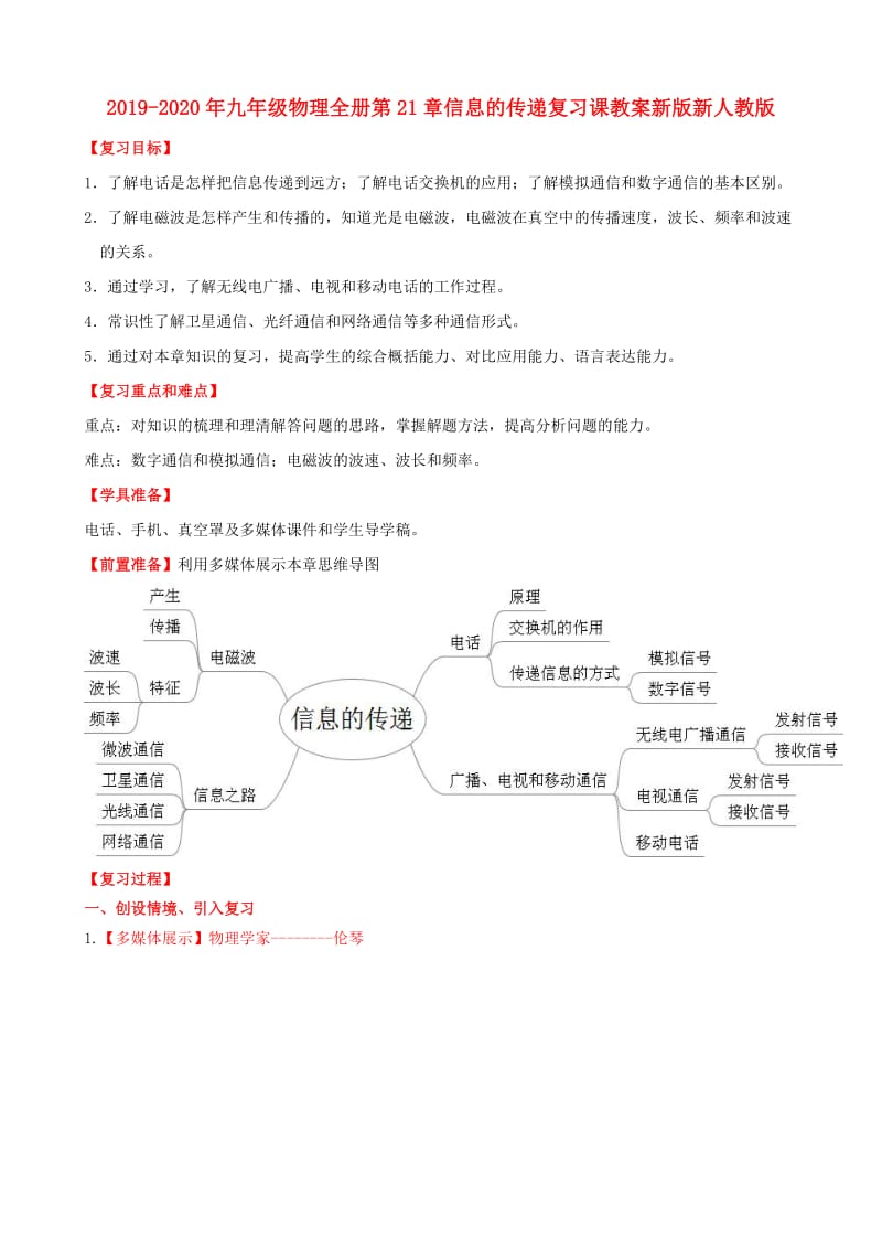 2019-2020年九年级物理全册第21章信息的传递复习课教案新版新人教版 .doc_第1页