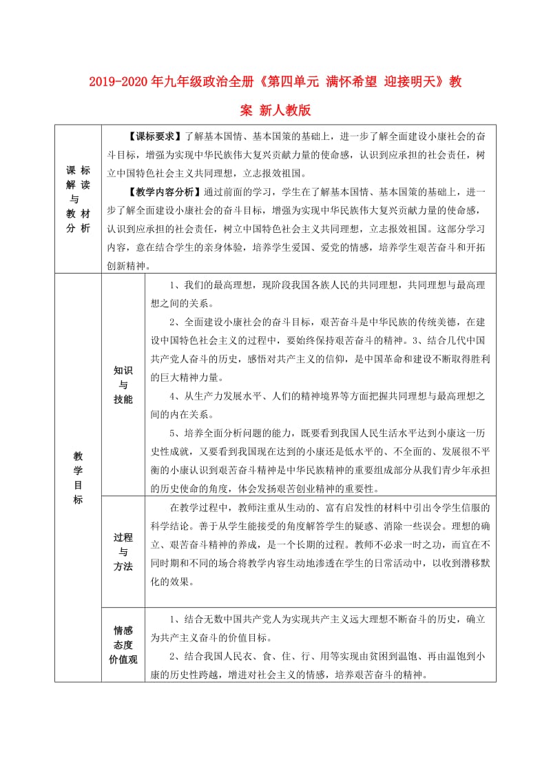 2019-2020年九年级政治全册《第四单元 满怀希望 迎接明天》教案 新人教版.doc_第1页