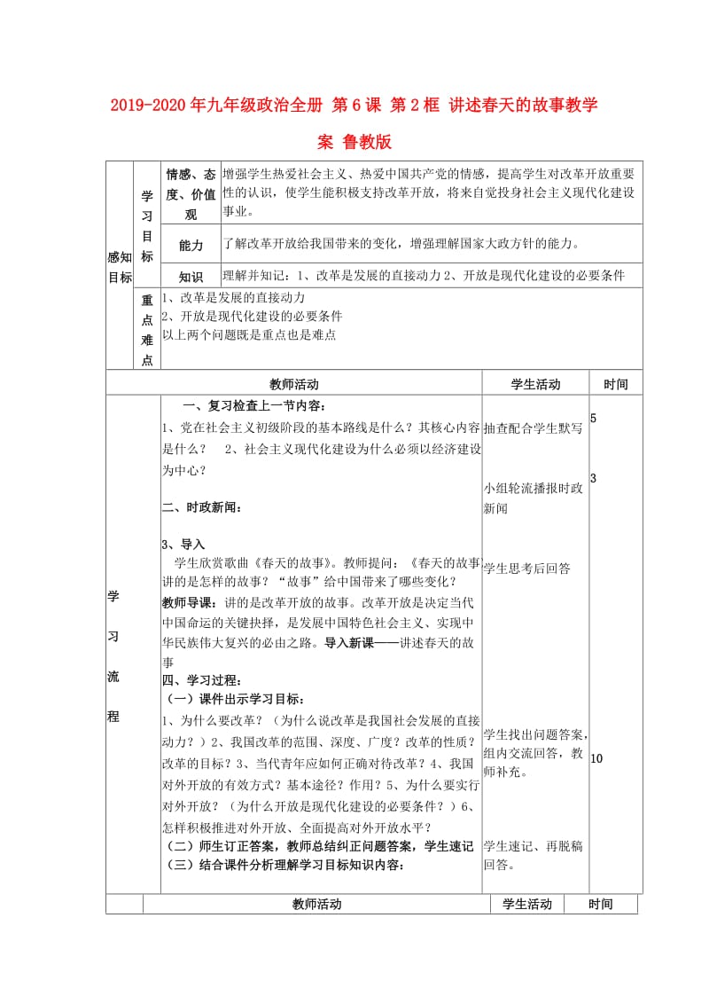 2019-2020年九年级政治全册 第6课 第2框 讲述春天的故事教学案 鲁教版.doc_第1页