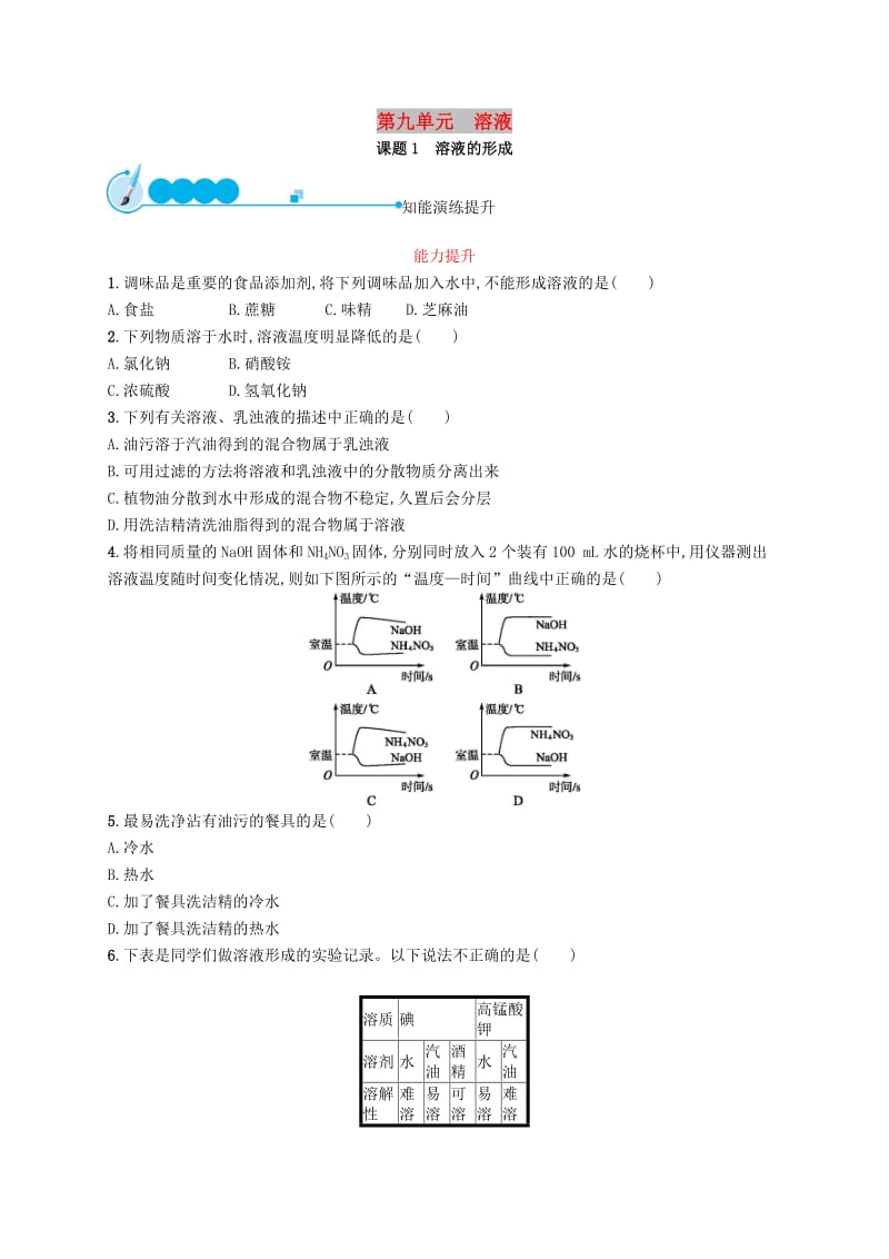 九年级化学下册 第九单元 溶液 9.1 溶液的形成同步练习 （新版）新人教版.doc_第1页