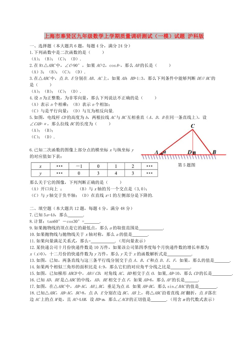 上海市奉贤区九年级数学上学期质量调研测试（一模）试题 沪科版.doc_第1页