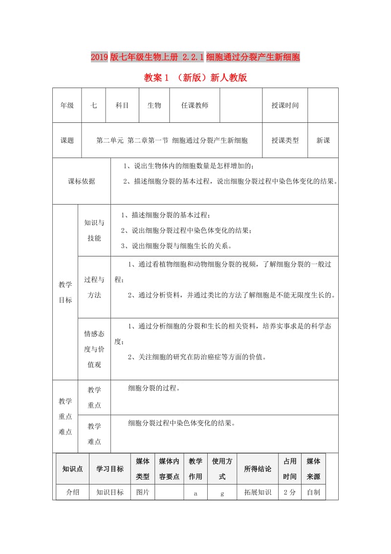 2019版七年级生物上册 2.2.1细胞通过分裂产生新细胞教案1 （新版）新人教版.doc_第1页