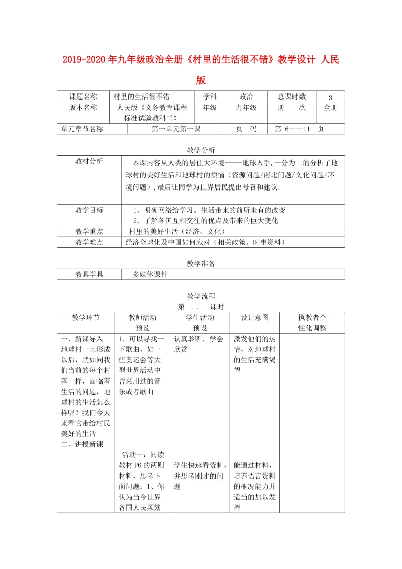 2019-2020年九年级政治全册《村里的生活很不错》教学设计 人民版.doc_第1页