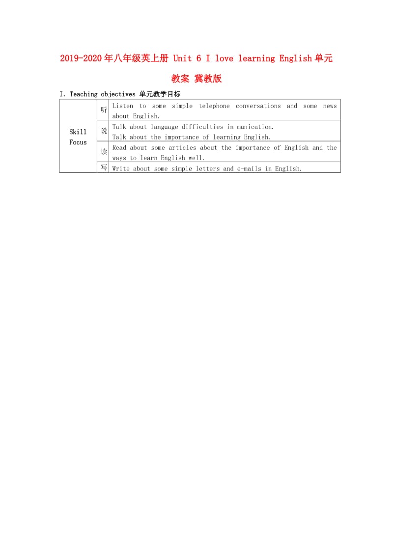 2019-2020年八年级英上册 Unit 6 I love learning English单元教案 冀教版.doc_第1页