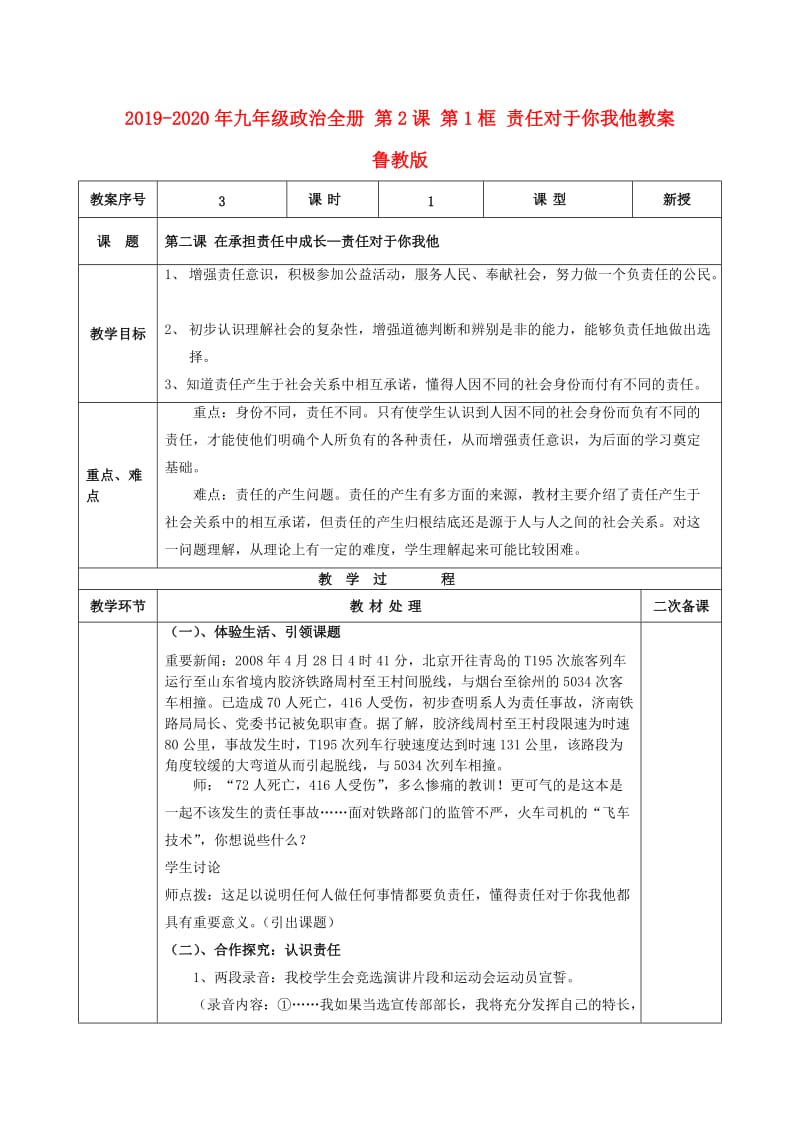 2019-2020年九年级政治全册 第2课 第1框 责任对于你我他教案 鲁教版.doc_第1页