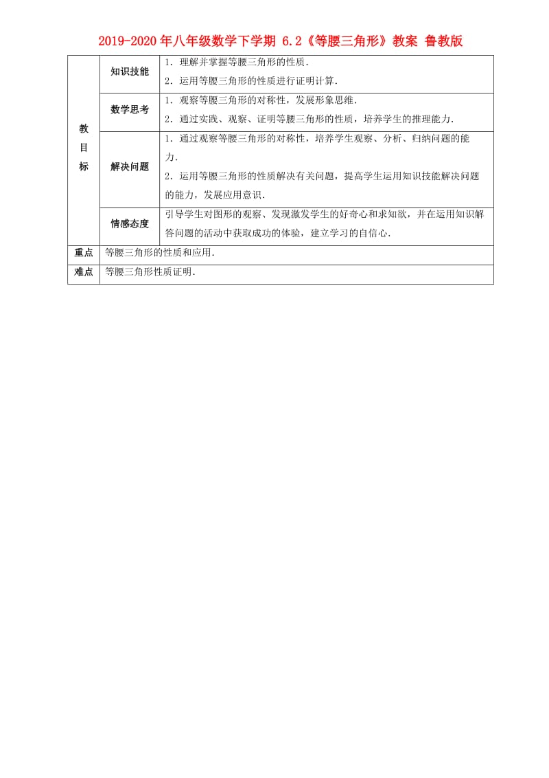 2019-2020年八年级数学下学期 6.2《等腰三角形》教案 鲁教版.doc_第1页