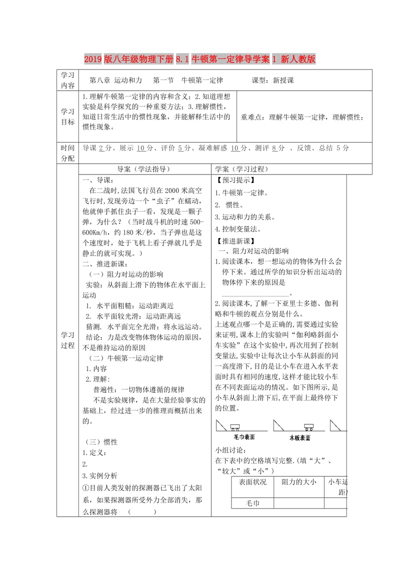 2019版八年级物理下册8.1牛顿第一定律导学案1 新人教版.doc_第1页