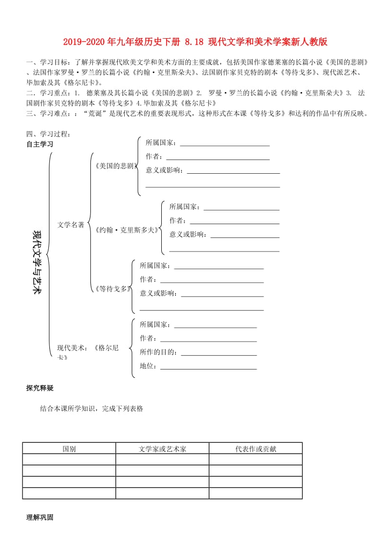 2019-2020年九年级历史下册 8.18 现代文学和美术学案新人教版.doc_第1页