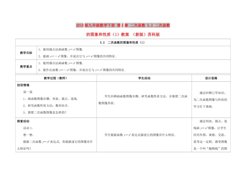 2019版九年级数学下册 第5章 二次函数 5.2 二次函数的图象和性质（1）教案 （新版）苏科版.doc_第1页