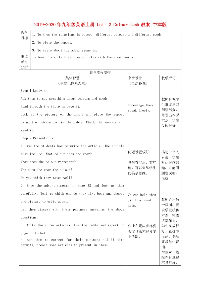 2019-2020年九年级英语上册 Unit 2 Colour task教案 牛津版.doc_第1页