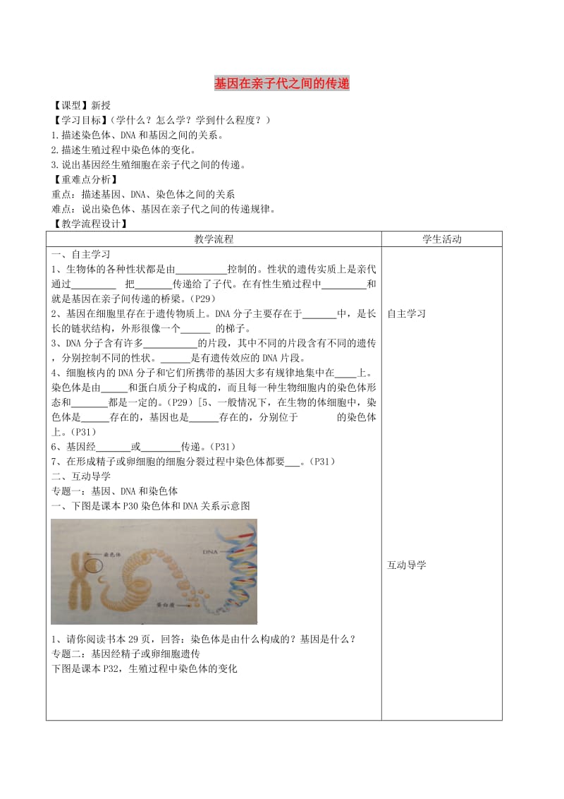 山东泰安市八年级生物下册 8.2.3基因在亲子代之间的传递学案 鲁教版五四制.doc_第1页