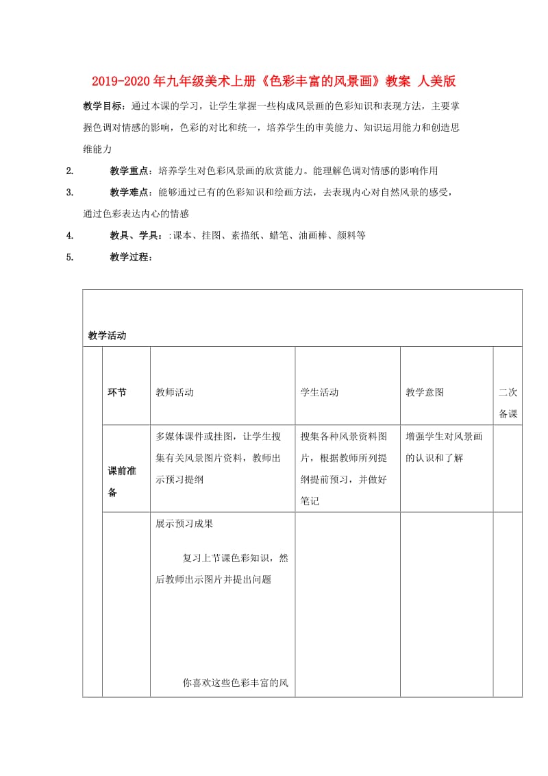 2019-2020年九年级美术上册《色彩丰富的风景画》教案 人美版.doc_第1页