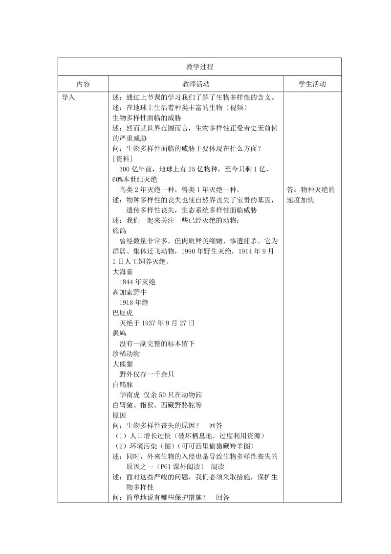 2019-2020年八年级生物下册 第9单元 生物的多样性 第二节 保护生物多样性的艰巨使命名师教案2 苏教版.doc_第2页