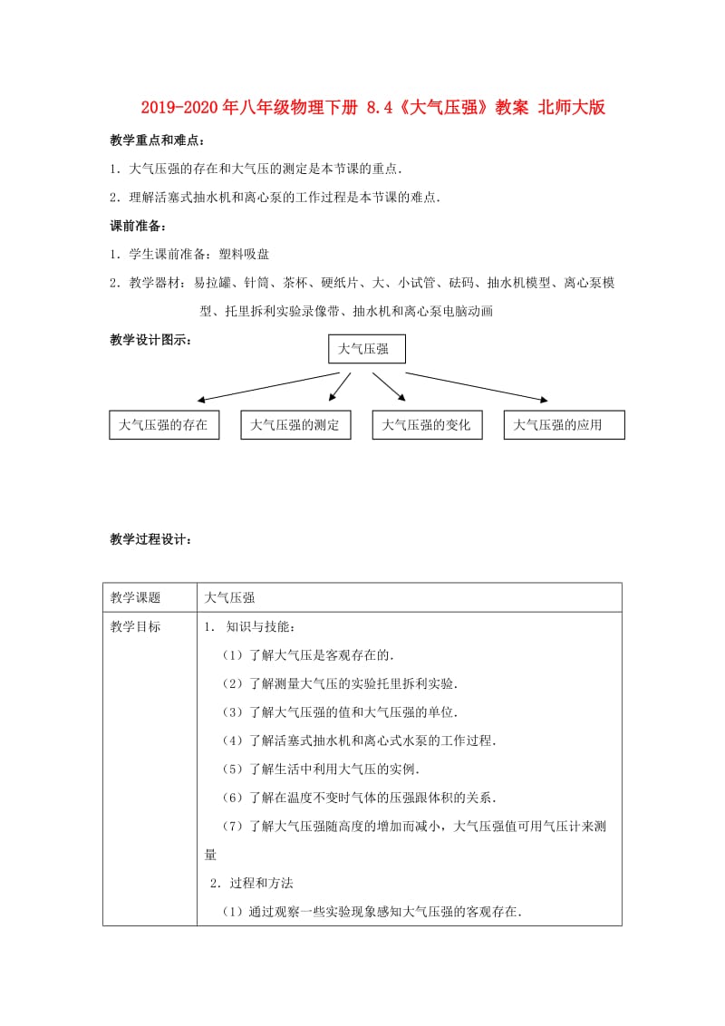 2019-2020年八年级物理下册 8.4《大气压强》教案 北师大版.doc_第1页