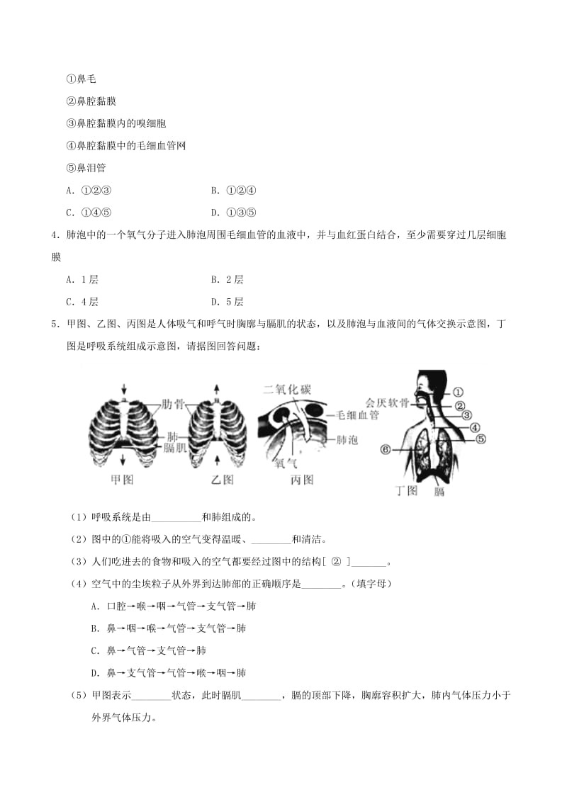 2019-2020年八年级生物暑假作业第03天人体的呼吸新人教版.doc_第2页