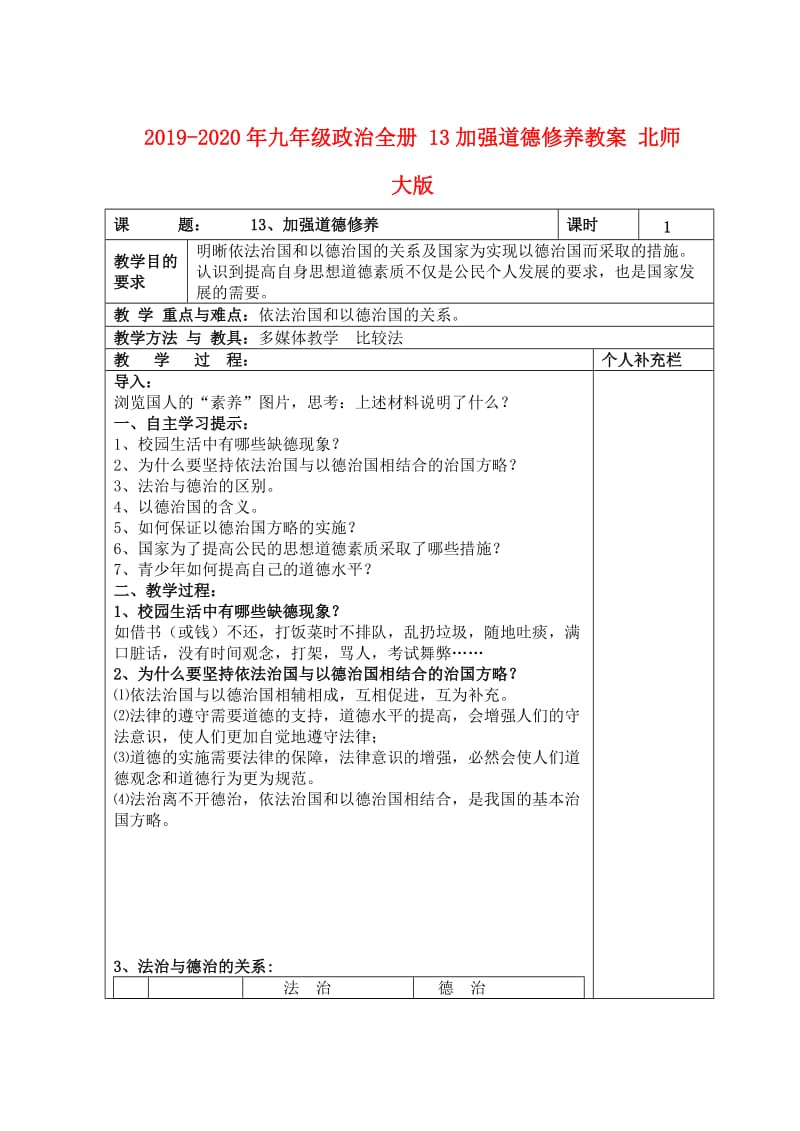 2019-2020年九年级政治全册 13加强道德修养教案 北师大版.doc_第1页