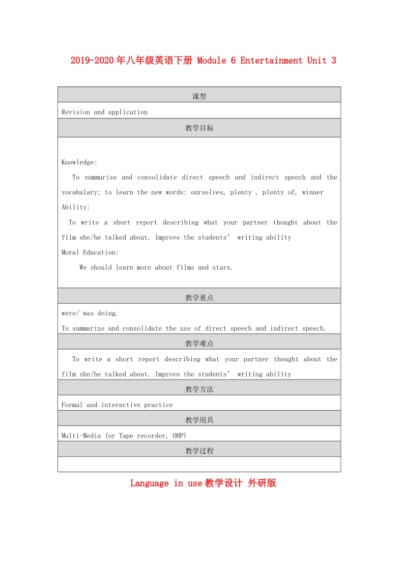 2019-2020年八年级英语下册 Module 6 Entertainment Unit 3 Language in use教学设计 外研版.doc_第1页