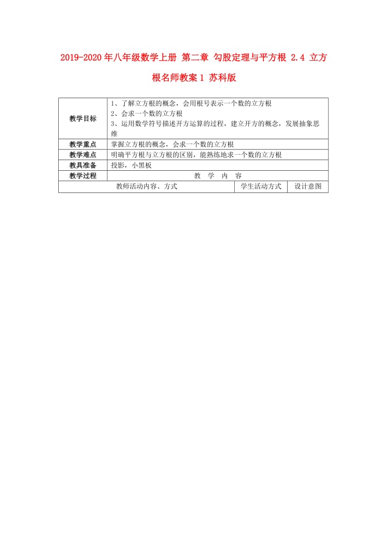 2019-2020年八年级数学上册 第二章 勾股定理与平方根 2.4 立方根名师教案1 苏科版.doc_第1页