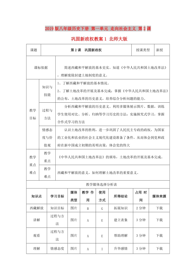 2019版八年级历史下册 第一单元 走向社会主义 第2课 巩固新政权教案1 北师大版.doc_第1页