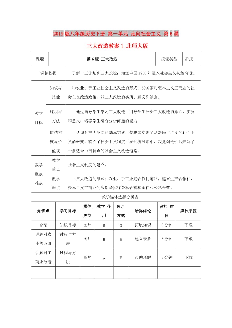 2019版八年级历史下册 第一单元 走向社会主义 第6课 三大改造教案1 北师大版.doc_第1页