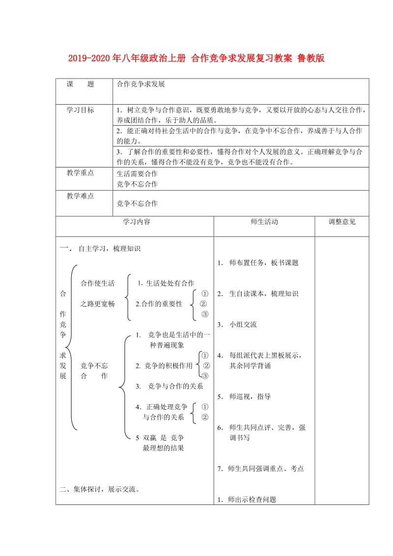 2019-2020年八年级政治上册 合作竞争求发展复习教案 鲁教版.doc_第1页