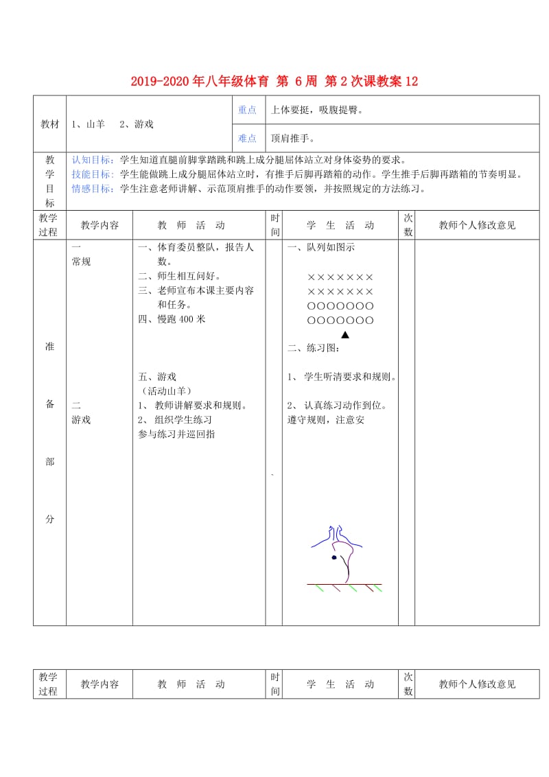 2019-2020年八年级体育 第 6周 第2次课教案12.doc_第1页