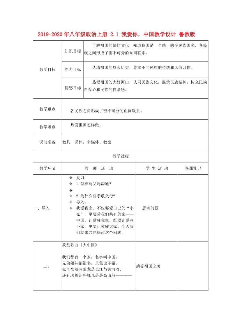 2019-2020年八年级政治上册 2.1 我爱你中国教学设计 鲁教版.doc_第1页