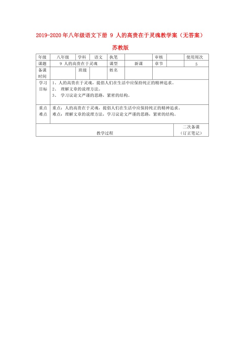 2019-2020年八年级语文下册 9 人的高贵在于灵魂教学案（无答案） 苏教版.doc_第1页