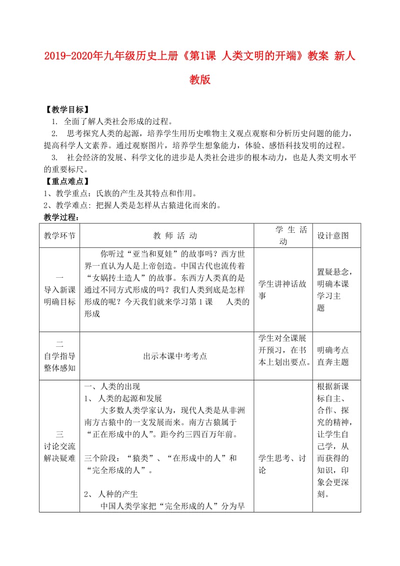 2019-2020年九年级历史上册《第1课 人类文明的开端》教案 新人教版.doc_第1页