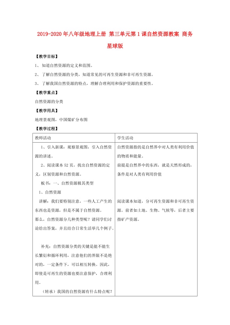 2019-2020年八年级地理上册 第三单元第1课自然资源教案 商务星球版.doc_第1页